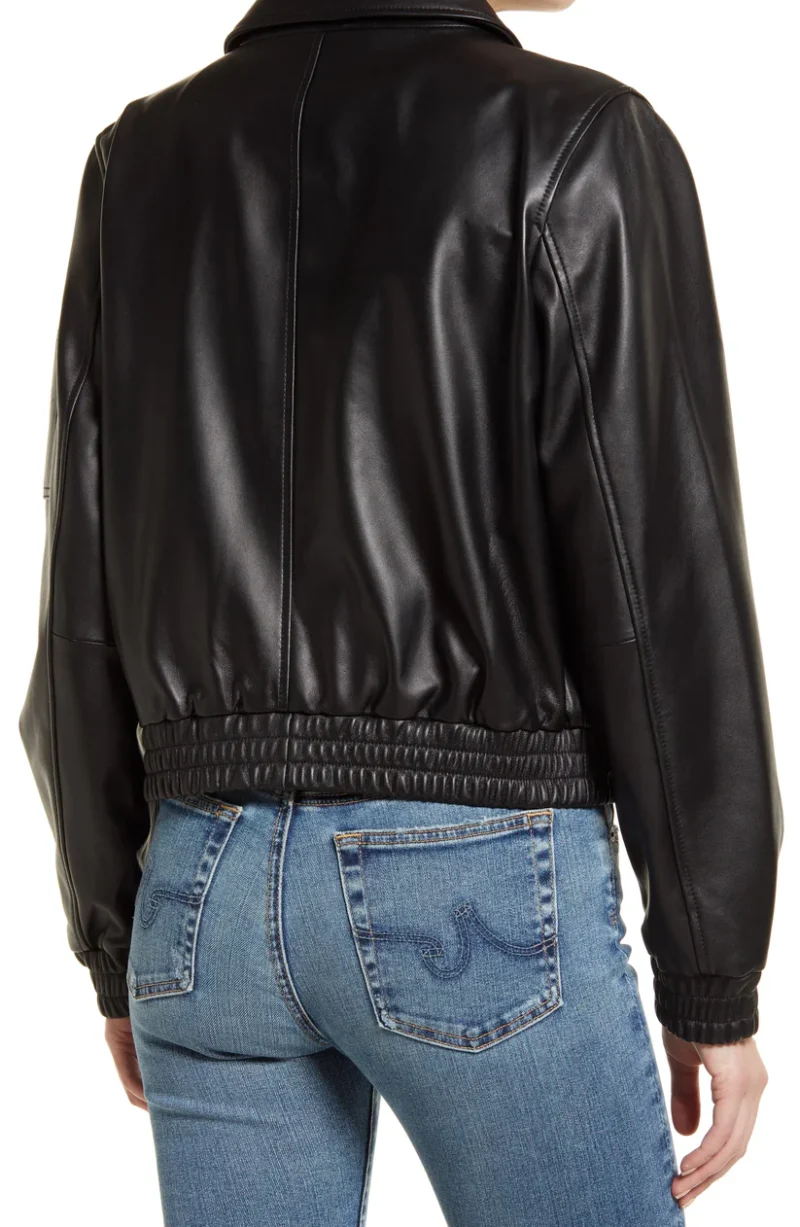 Black Leather Bomber w/ Spread Collar - Image 4