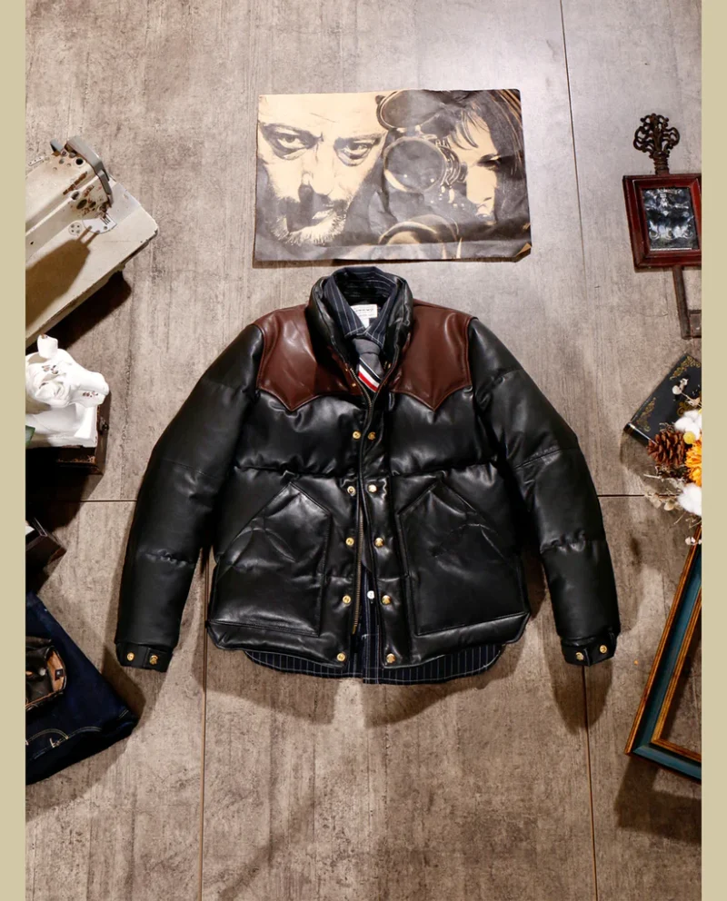Black Designer Puffer Leather Jacket - Image 4