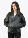 Black Biker Leather Jacket w/ Notch Collar - Image 2