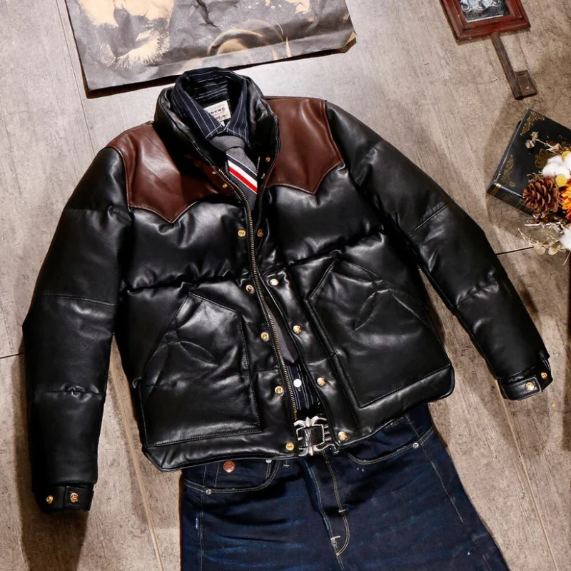 Black Designer Puffer Leather Jacket - Image 2