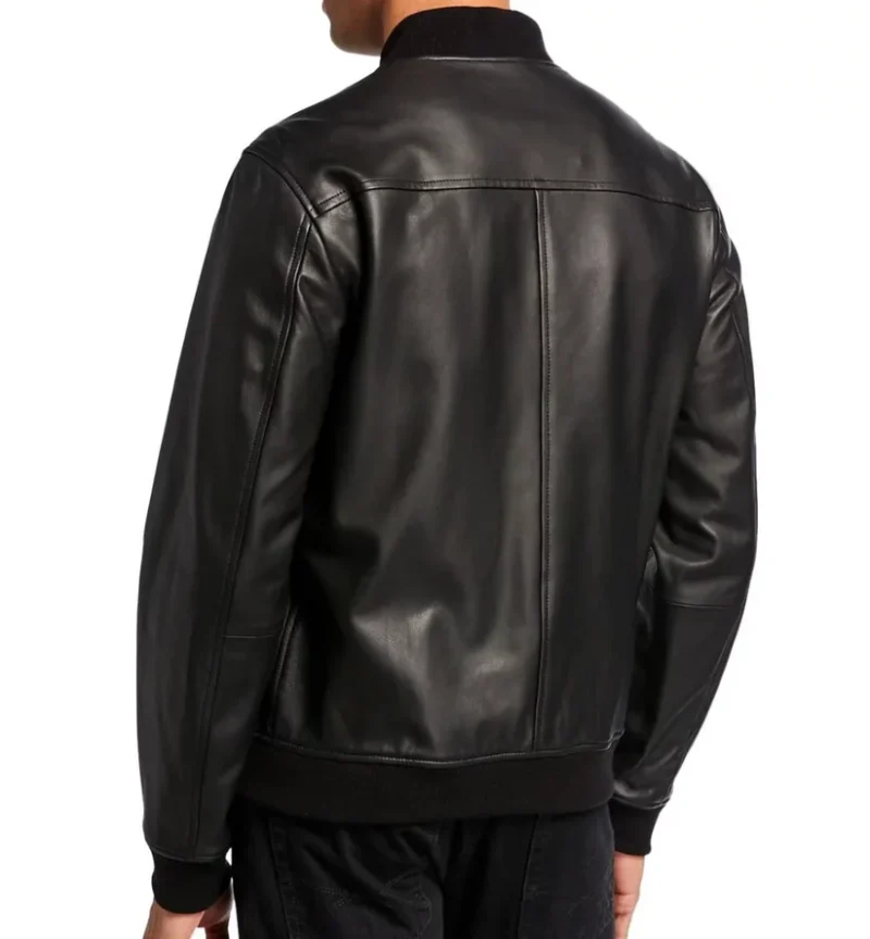 Men's Leather Bomber Jacket w/ Crew Neck - Image 3